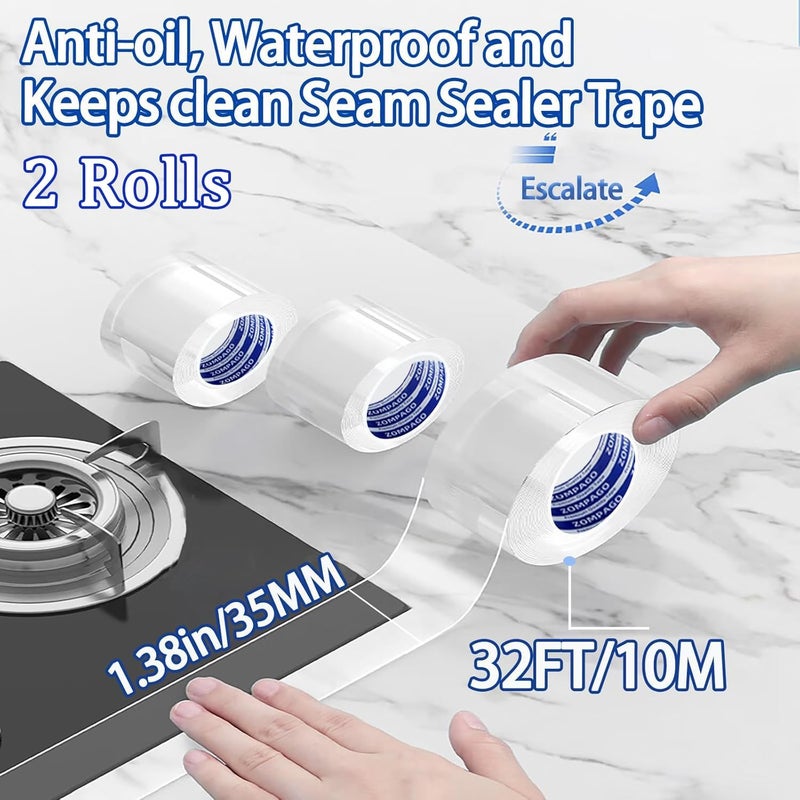 ZOMPAGO Waterproof Caulk Tape Sealant Strip – for Kitchen Caulking,Oil Proof,Self-Adhesive Tape for Toilet Seal,Bathtub Sealant–Bathroom Clear Caulk,1.38inx32.8FT,2Roll,PVC -for Window Sealing - Image 2